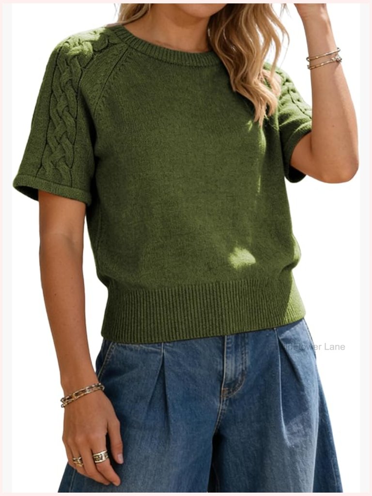 Short Sleeve Crew Neck Cable Knit Pullover Loose Fit Boxy Sweater Top Blouse